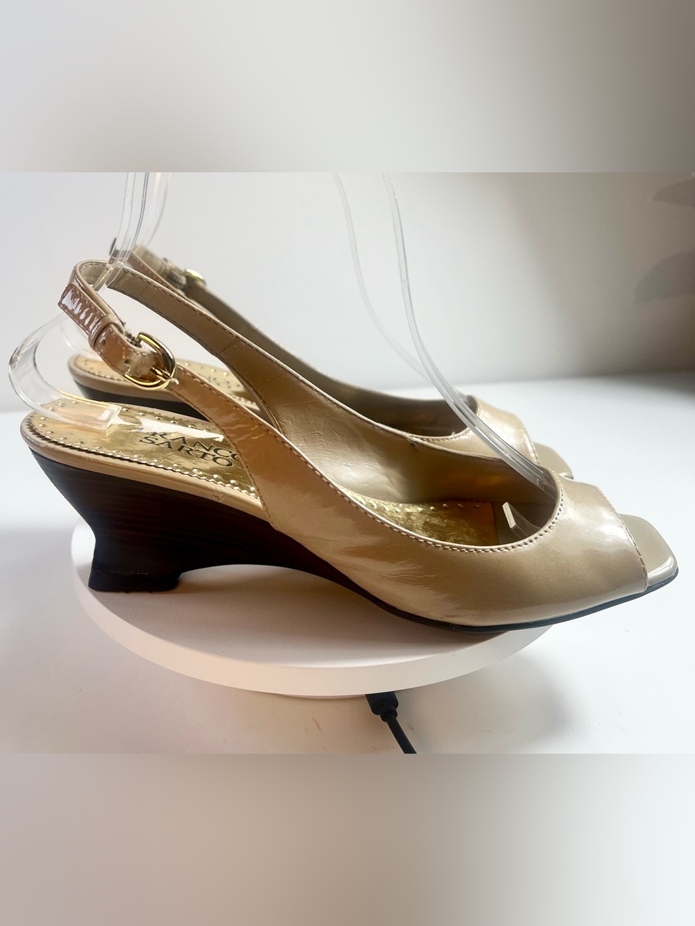 Franco Sarto Nude Patent Peep-Toe Slingback Wedge - Picture 3 of 7